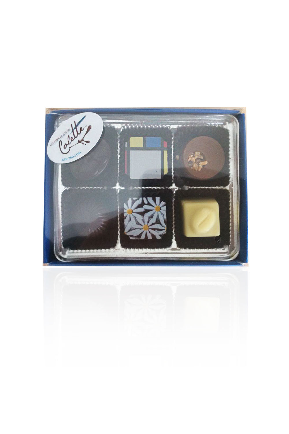 Assortiment de 6 chocolats, produit de qualité d'une compagnie victoriavilloise.  Les chocolats de Colette sont des chocolats belges fabriqués de façon artisanale et sont très appréciés en tout temps. Disponible en ligne, livraison à Victoriaville